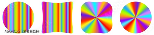 Set of vibrant neon rainbow geometric shapes isolated on transparent background. Collection of four Y2K acid style design elements, striped vertical circles and radial spectrum squircles. PNG