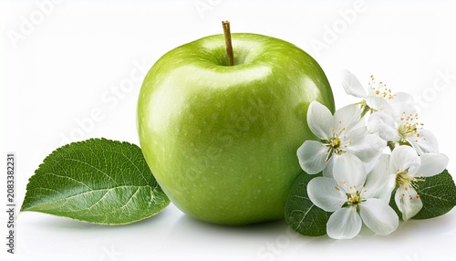 Single Green Apple With Leaf And Flowers Isolated On A White Bac