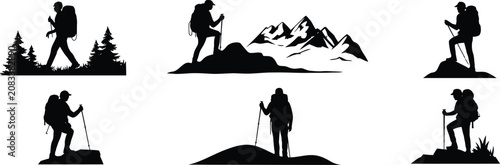 Foto Silhouette Collection of Hikers and Mountain Landscapes for Outdoor Adventure an