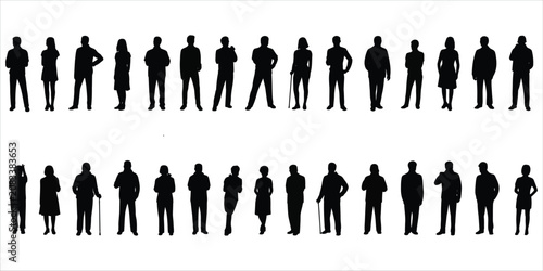 Diverse group of adult male and female silhouettes standing in two rows Keywords: silhouette, people, group, men, women, adults, standing