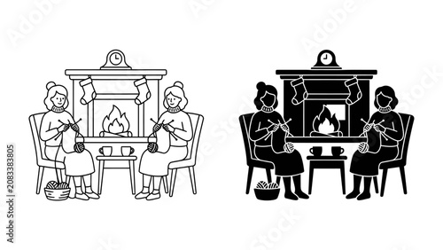 Tableau sur toile Cozy Winter Knitting: Two women and a child enjoy a warm winter evening by a crackling fireplace, knitting together and sharing a moment of quiet companionship and tradition