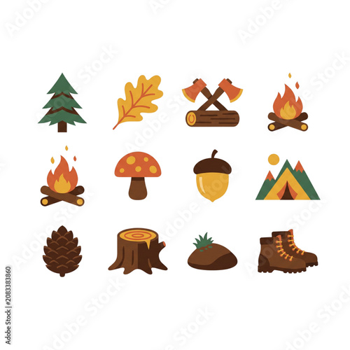 Forest woodland elements icon set nature wilderness camping supplies forest wildlife collection bundle for kids fabric pattern design, vector illustration