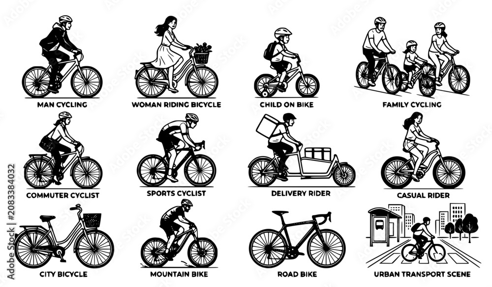 Obraz premium Black and White People Riding Bicycle Line Art Vector Set