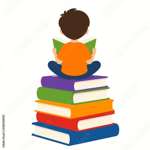 Child Sitting Cross-Legged on Stack of Colorful Books Reading a Book.