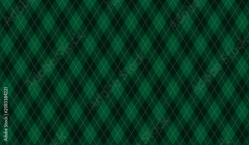 Argyle vector pattern. Dark green with thin slim golden dotted line. Seamless vivid geometric background