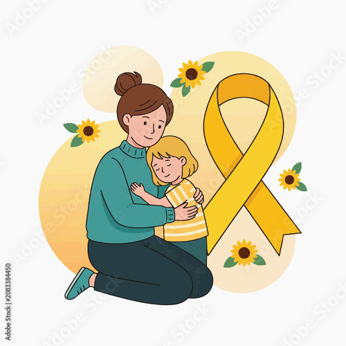 Mother Hugs Child Embracing Yellow Ribbon and Sunflowers Symbolizing Hope and Support