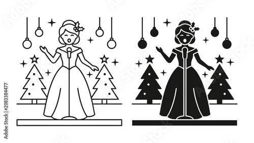 Foto Christmas Carol Singer Duo: Two elegant women, depicted in both line art and silhouette, sing carols into microphones on a festive stage adorned with Christmas trees and hanging lights