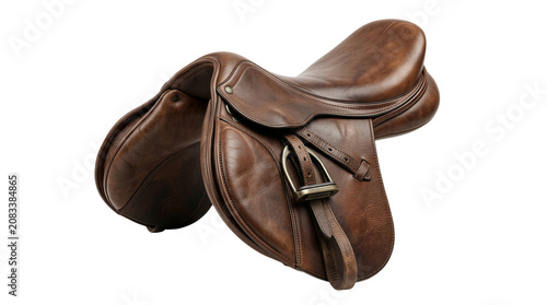 A brown leather saddle with a buckle and strap on a white background isolated on a transparent background