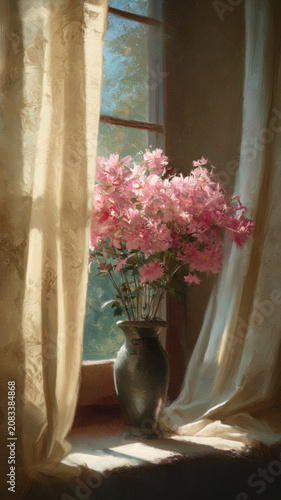 Painting of pink flowers in vase on a sunlit windowsill. Soft sunlight seeping through old window glass.
