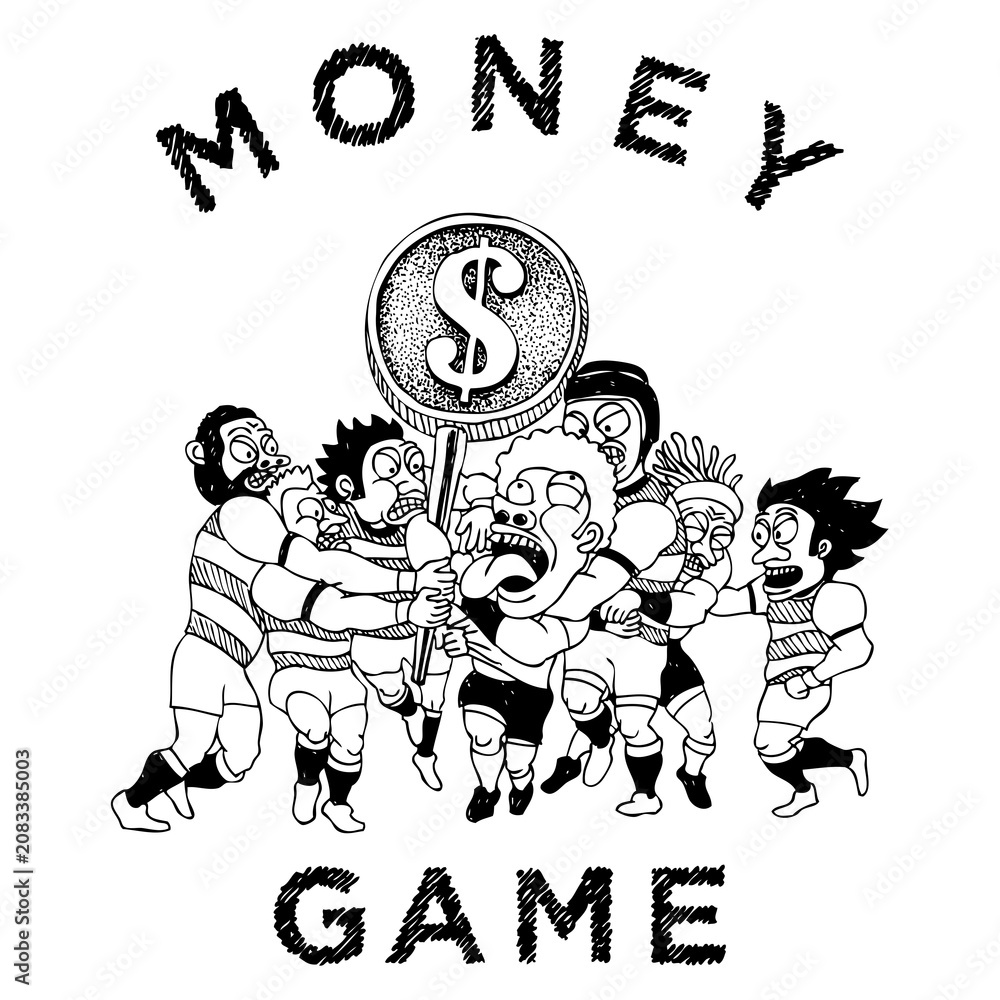 Fototapeta premium Capitalism money game concept with rugby players scrambling for giant dollar coin, economy competition illustration, transparent PNG