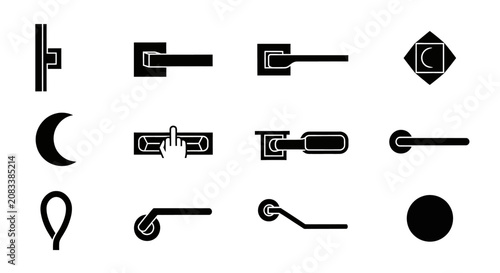 Black door handle and knob hardware silhouette icons