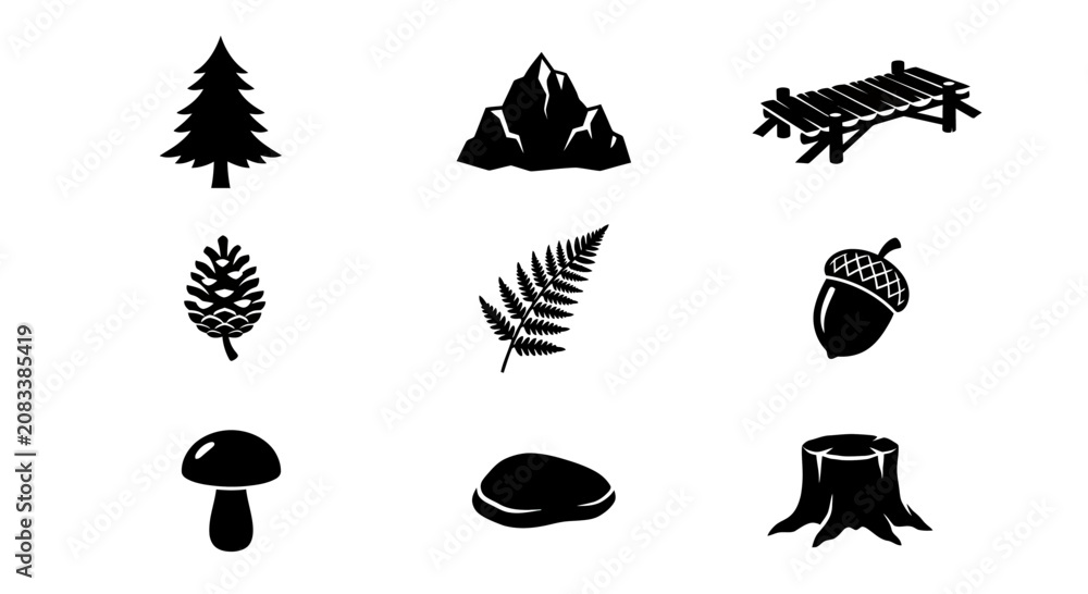 Fototapeta premium Nature wilderness elements and forest environment vector icons.