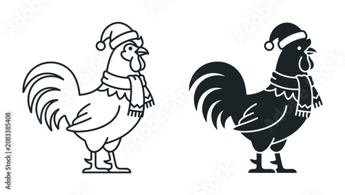 Foto Festive Rooster Duo: A charming line art and silhouette depiction of a rooster adorned with a Santa hat and a cozy scarf, ready to herald the holiday season