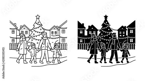 Bild auf Leinwand Christmas Spirit in the Village: A heartwarming depiction of a family strolling through a snow-dusted village, hand-in-hand, with a beautifully decorated Christmas tree as their backdrop