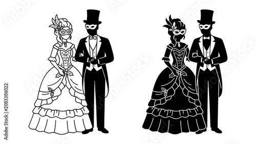 Tableau sur toile Masquerade Couple in Formal Attire: An elegantly dressed couple, adorned with masks and top hats, stands side-by-side in formal attire, embodying the mystery and allure of a masquerade ball