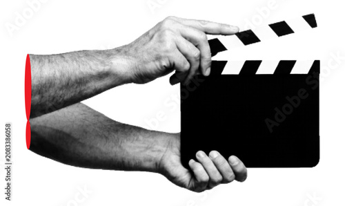 Photos Halftone pop art hands holding clapperboard collage