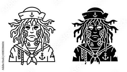 Fotografie Haunting Mariner's Portrait: A chilling depiction of a deceased sailor, adorned with nautical symbols and eerie elements, rendered in both line art and silhouette for a striking visual impact
