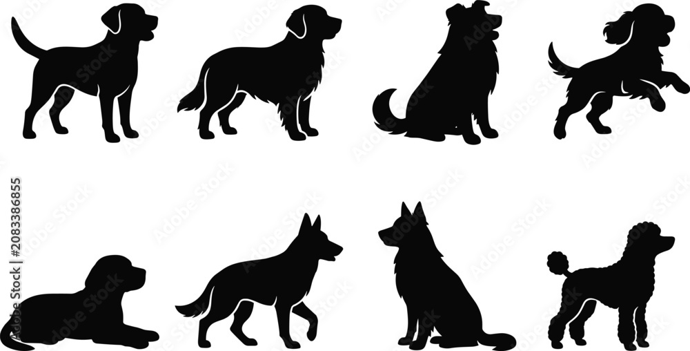 Obraz premium Black dog silhouettes in diverse poses including standing, sitting, lying, and jumping breeds for creative design and artwork use