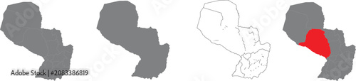 Set of paraguay country maps with highlighted regions on white background