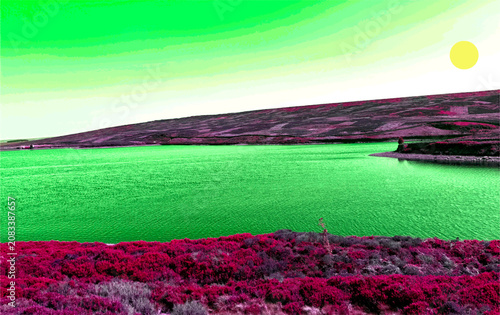 A vibrant green reservoir lies beneath a vivid emerald sky, with magenta grass hugging the shores, as a golden sun casts a surreal dreamy glow over Watersheddles Reservoir in Lancashire, UK, 