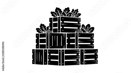 Canvastavla Stacked Wooden Crates with Leafy Greens Vector Illustration
