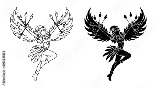 Canvas Print Angel and Demon Duo: A striking illustration featuring a winged angelic figure and a shadowy demonic silhouette, both poised in mid-air with raised arms holding symbolic objects