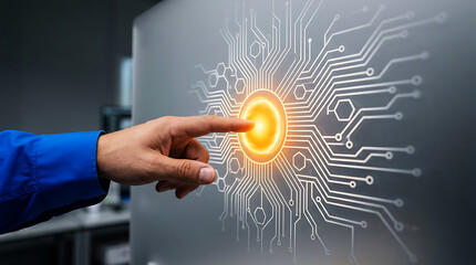Hand touching glowing orb with circuit patterns