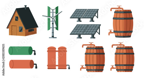 Collection of sustainable energy and water conservation icons for eco friendly home design.
