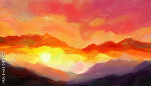 Impressionistic Sunset Sunrise Cloudscape Dramatic Clouds Over Mountains Hills Valleys Digital Art Illustrations Painting Artwork In Orange Pink Yellow W Texture