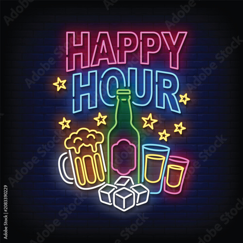 happy hour neon signs vector. happy hour design template neon sign  light banner  neon signboard.vector