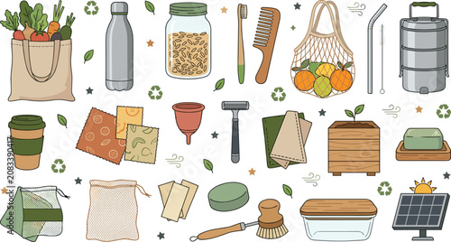 Zero waste lifestyle vector element set with eco friendly reusable shopping bags glass jar bamboo toothbrush steel bottle solar panel and organic products isolated on white background