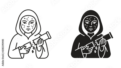 Fotografie Fragile Skin Icon: A stark visual representation of delicate skin, depicted through an icon of a hooded figure with cracked facial features and holding a broken vial