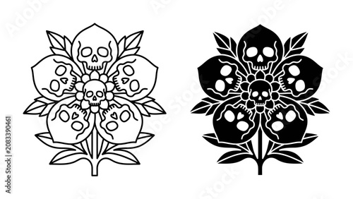 Canvastavla Skull Flower Graphic: A stylized floral design incorporates human skulls within its petals and center, presented in both line art and silhouette forms