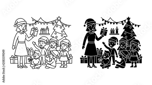 фотографія Christmas Gift Giving Scene: A heartwarming illustration depicts a festive Christmas gathering