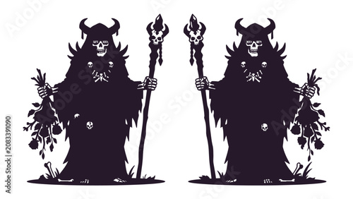 Tablou pe pânză Dark Duo: Two eerie silhouettes of a grim reaper stand sentinel, holding staffs and bundles of fruit, a symbol of mortality and harvest
