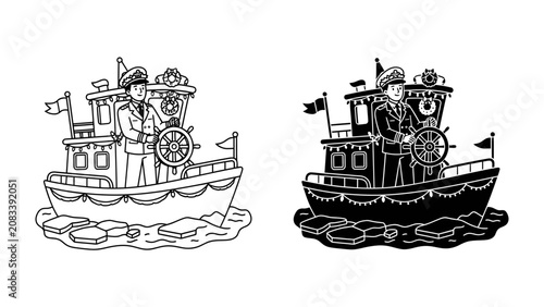 Fotografi Steering the Ship of Dreams: A whimsical cartoon depicts a cheerful captain at the helm of a charming boat, navigating through icy waters, ready for adventure