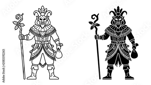 Obraz na plátně Mystical Warrior Glyph: An ancient warrior figure, adorned with elaborate headdress and holding a staff and pouch, rendered in both line art and silhouette for versatile graphic use