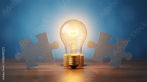 Glowing lightbulb between puzzle pieces on wooden surface