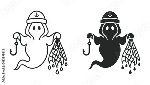 Fotografie Fishing Ghost Duo: A whimsical illustration featuring a ghostly figure dressed as a fisherman, holding a net and hook, presented in both line art and silhouette