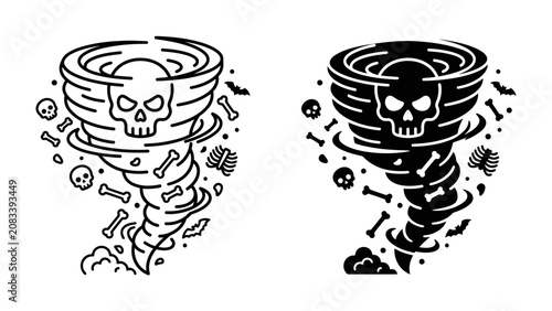 Fotografie Twisted Horror: A swirling vortex of terror, depicted as a cyclone carrying skulls, bones, and bat silhouettes, represents a formidable and dark natural disaster, evoking fear and dread