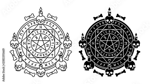 Obraz na plátně Mystical Symbols of Power: Two circular sigils, one outlined and one filled black, display intricate occult designs featuring a pentagram, runes, skulls, candles, and bones