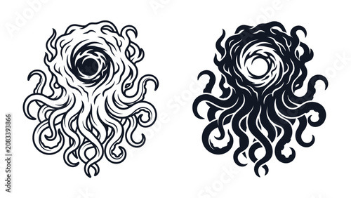 Photos Tentacle Monster Graphic: Two stylized illustrations of a creature with swirling tendrils, one in black and white and the other in a dark silhouette, suggesting a mysterious or monstrous entity