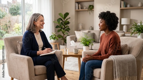 Two women in a therapy session, one is a therapist writing notes and the other is a client sharing her feelings