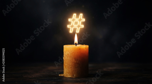 Lit candle with glowing hashtag symbol on dark background