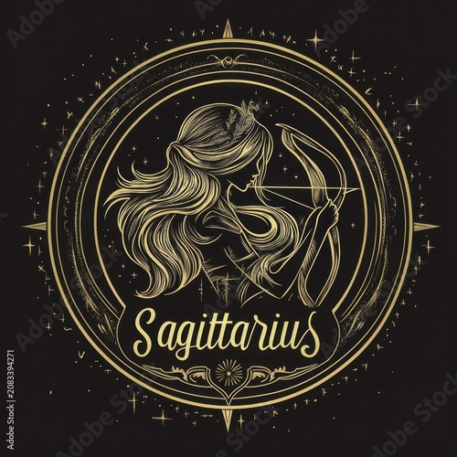 Golden Sagittarius zodiac emblem featuring archer in intricate astral design