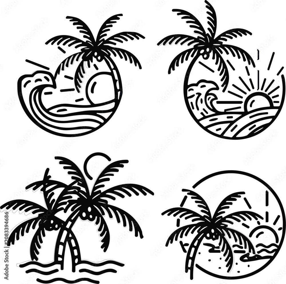 Fototapeta premium Palm tree beach sunset line art vector logo set, summer wave badge illustration for tropical apparel design