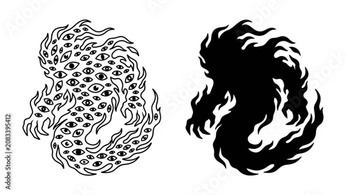 Photos Surreal Entity: A mythical creature depicted with numerous eyes and flame-like appendages, presented in both line art and silhouette form, symbolizing the mysterious and abstract