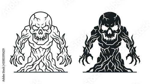 Photos Sinister Skeleton Monster Illustration: A chilling illustration of a fearsome skeleton monster, depicted in both line art and silhouette