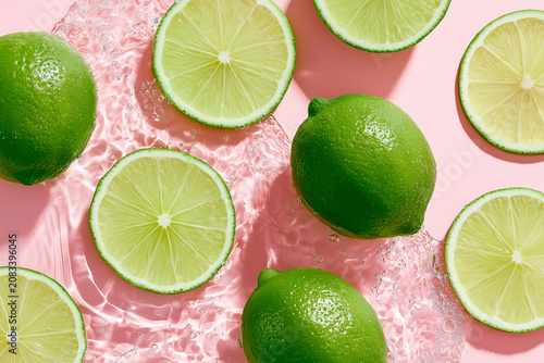 Fresh Limes Floating in Crystal Clear Water on Pastel Pink Background with Sunlight Ripples