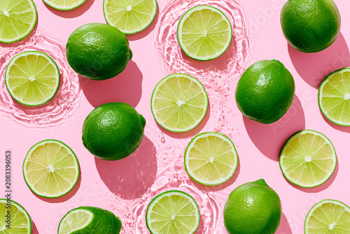 Fresh Limes Floating in Crystal Clear Water on Pastel Pink Background with Sunlight Ripples